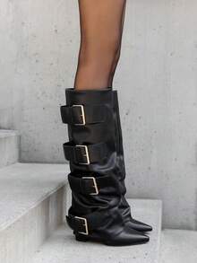 Bottes hautes femme à boucles XXL – Style audacieux en simili cuir ou daim - 黑色7677A - 查看 1