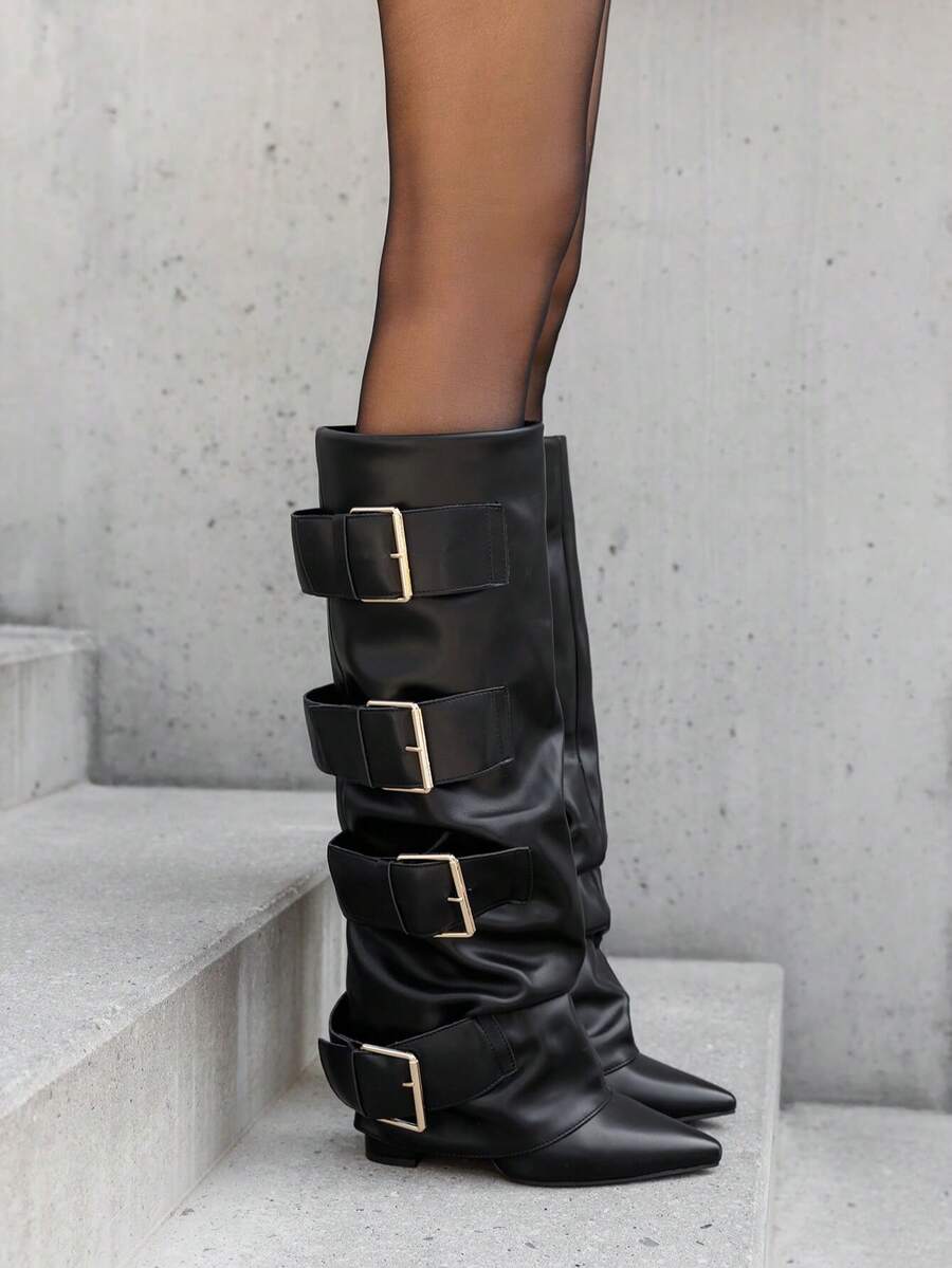 Bottes hautes femme à boucles XXL – Style audacieux en simili cuir ou daim - 黑色7677A - 查看 1