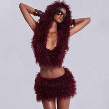 2025 New Women's Clothing Autumn And Winter Deep V-Neck Hooded Backless Strap Top Mao Mao A Word Short Skirt Set - Màu Đỏ Sâu - Xem 4