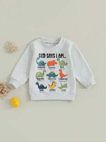 Sudadera de otoño para niño pequeño con estampado de dinosaurio y letras, manga larga, cuello redondo, blusa holgada - Gris - Ver 2