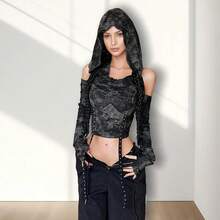 Women's Ripped Hoodie Sweater Vest Hollow Out Hooded Crop Top Knit Pullover Streetwear With Oversleeve - 灰黑色 - 查看 4