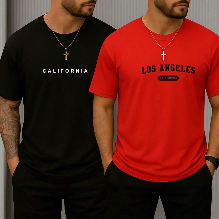 Kit Of 2 Men's 100% Cotton Printed Summer Comfort T-Shirts - Đỏ và đen - Xem 1