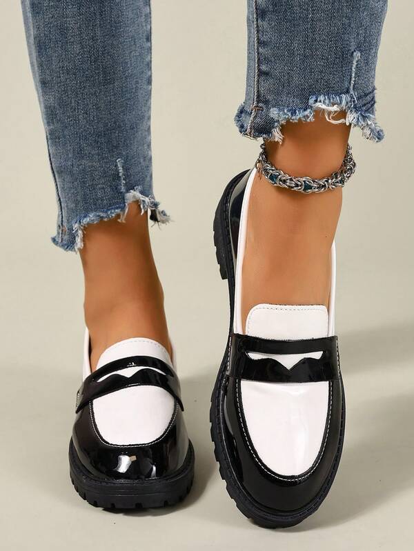 Women's Thick Sole Slip-On Loafers, Casual Black & White Patchwork Leather Shoes, Elegant Flats For Daily Wear, Spring & Autumn