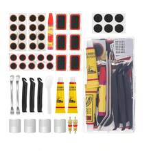 全套53个高品质自行车轮胎修补套件：配备多种工具，包括耐用硫化补片和金属磨料盘，可快速修复爆胎问题，适用于所有自行车，包括摩托车、BMX、山地车、公路车（图案随机）