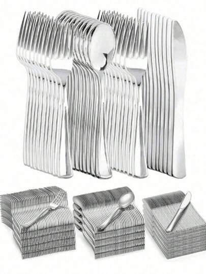 10/25/50/100pcs Silver Cutlery Set. Dessert Fork And Spoon Set Suitable For Home Kitchen, Restaurant, Wedding Party, Holiday Party. Cutlery Set Of Knife, Fork, And Spoon For Home, Restaurant, Wedding, Outdoor, Birthday, Party, Holiday Gathering