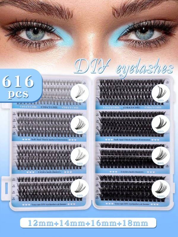 616/584 DIY Eyelash Extension Kit Eyelash Bundle Kit 10D-100D/50D-150D D-Shaped Curl DIY Eyelash Kit, Suitable For DIY Eyelash Bundle Kits That Can Be Used At Home (8 Styles Can Be Freely Combined)