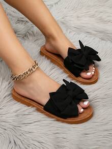 Women's Retro Cute Bow Decor Flat Sandals In Black & Brown, Suitable For Spring/Summer; Women's Casual Slip-On Flat Mules In Black, Suitable For Beach, Travel, Date, Party; Women's Strap Flat Slide Sandals, Suitable For Beach, Travel, Date, Party