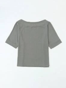 Acelitt 纯色针织罗纹条纹纹理休闲宽松领单肩七分袖上衣，秋冬款 - 灰色 - 查看 9