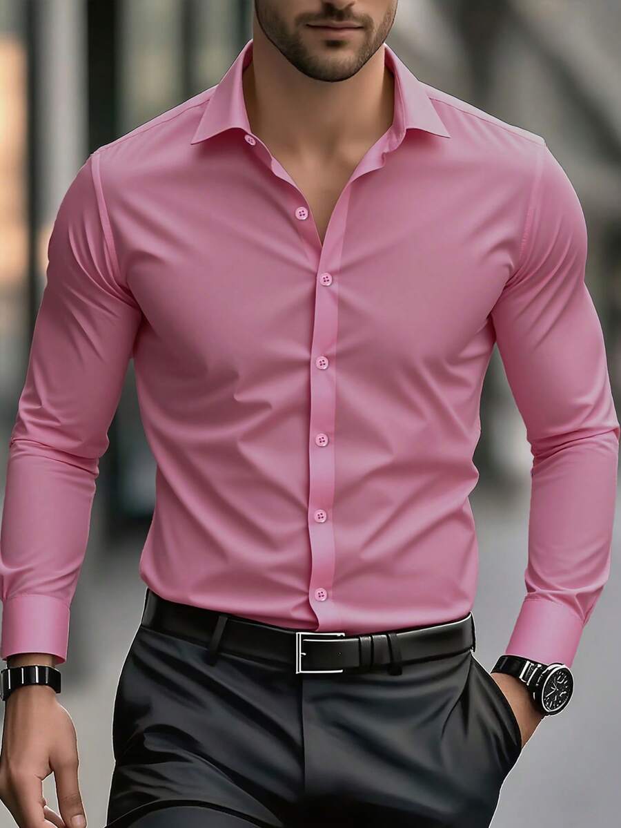 Men's Solid Color Formal Shirt With Button Design, Long Sleeve, Fall