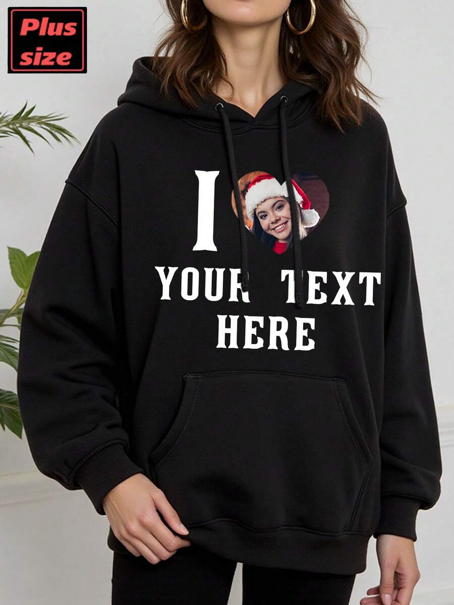 Customized Photo & Text Plus Size Women's Fleece Sweatshirt For Valentine's Day, Christmas, Personalized With Lucky Number & Blessing For Couples, Family, Pet, Friend, Autumn/Winter, Holiday/Birthday Gift, Party - Black - View 1