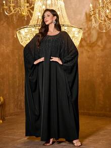 UNITHORSE 女装圆领长袖重工烫钻缎面长款气质晚礼服 - 黑色 - 查看 6