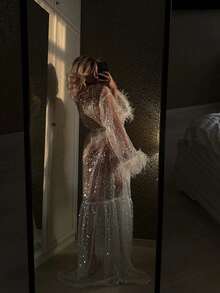 Women Feather Sequin Sheer Nightgown Long Sleeve Plush Cuff See Through Night Robe Nightdress Faux Feather Bridal Robe For Wedding Lingerie Robe With Faux Fu - 銀色 - 查看 4