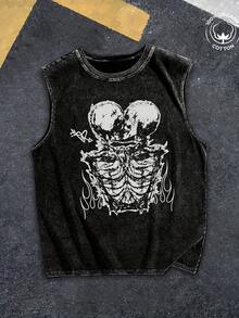 230G Washed Vintage Black Sleeveless T - Shirt, Double Skulls & Flames Print, Outdoor Sports Vest, Loose Fit, Soft Knit - màu đen - Xem 1