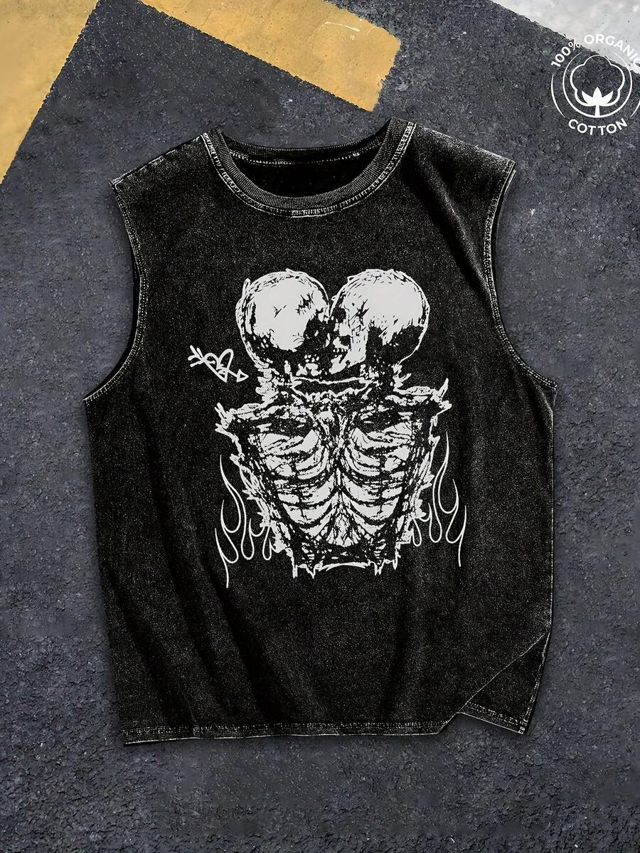 230G Washed Vintage Black Sleeveless T - Shirt, Double Skulls & Flames Print, Outdoor Sports Vest, Loose Fit, Soft Knit - màu đen - Xem 1