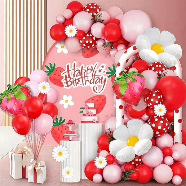 113 Stücke süße Erdbeeren Ballon Girlande Set - rot und pink mit weißen Gänseblümchen und erdbeefömigen Folienballons, geeignet für Geburtstag, Muttertag, Hochzeit, Jahrestag, Abschlussfeier Dekoration - Innen-/Außenfestdekoration