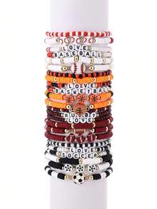 9pcs/Set Stackable Elastic Bracelets For Women, Sports Soft Ceramic & Beaded Soccer Fan Jewelry, Suitable For Daily And Sports Use (Bead And Soft Ceramic Colors Random - No Card Paper)