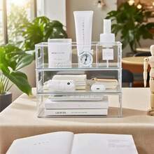 1 pieza Caja de almacenamiento transparente de acrílico, organizador de escritorio de gran capacidad, caja de almacenamiento de papelería a prueba de polvo para oficina