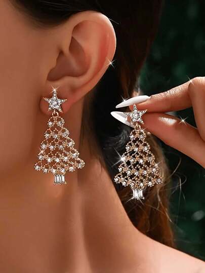 1 Pair Christmas Tree Earrings For Women, Golden-Tone Party Jewelry With Sparkling Synthetic Stones, Unique Tree Design For Holiday Celebrations & Daily Wear - Perfect Gift For Girlfriend, Family, Holiday Earrings, Crafted Jewelry