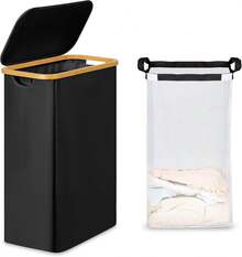 Laundry Basket With Lid, Narrow Laundry Hamper With Removable Bag, Skinny Dirty Clothes Basket With Bamboo Handles For Bathroom, Bedroom & Laundry Room - Black - View 2