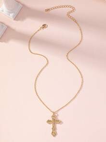 1pc Vintage Cross Pendant Necklace, European Style - Yellow Gold - View 4