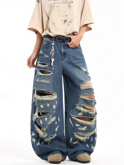 1件复古美式男士做旧水洗毛边宽松直筒牛仔裤，时尚休闲裤（不含腰带或配饰）