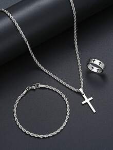 1-3 Pieces New Fashion Stainless Steel Men's Cross Pendant Necklace, Bracelet, Braided Chain Suitable For Daily Wear And As A Gift