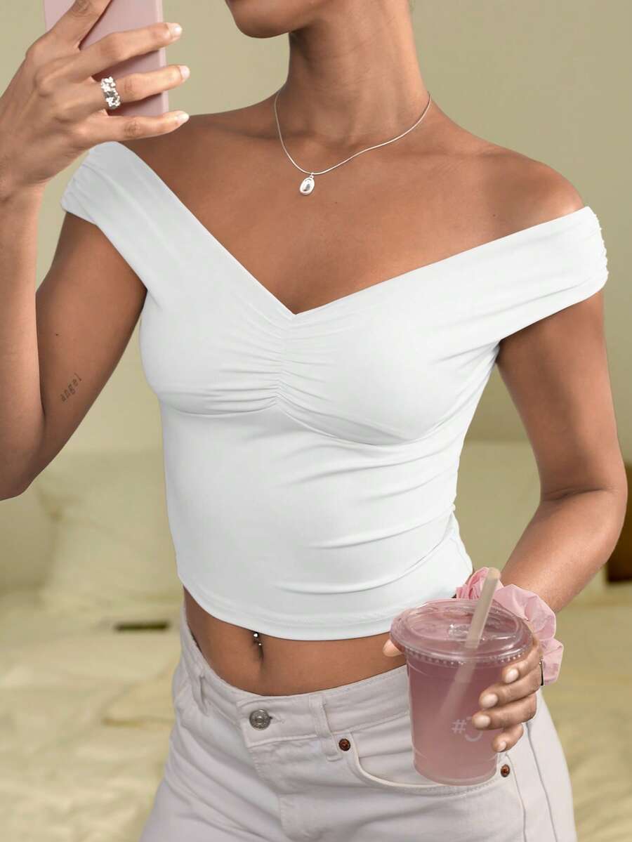 Mystra Women's Fashion V-Neck Off Shoulder Pleated Fitted Blouse - White - View 1