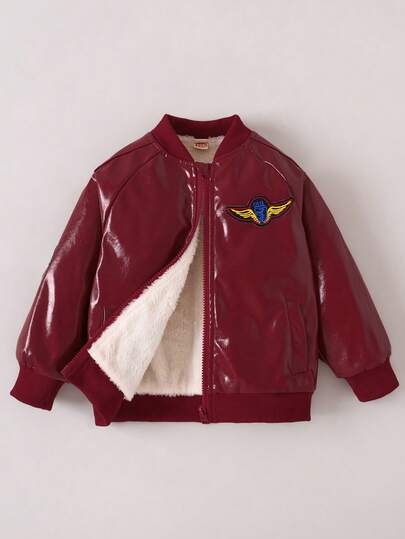 Young Boys' Autumn/Winter Fleece Lined Long Sleeve Embroidered Patch Jacket, Young Boy New Fashionable Shiny Versatile Casual Outerwear