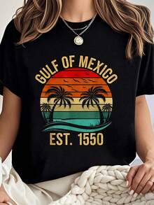 100% Algodón Camisa del Golfo de México para Mujeres Est 1550 Retro Vintage Camiseta de Playa tops de verano para mujeres - Negro - Ver 1