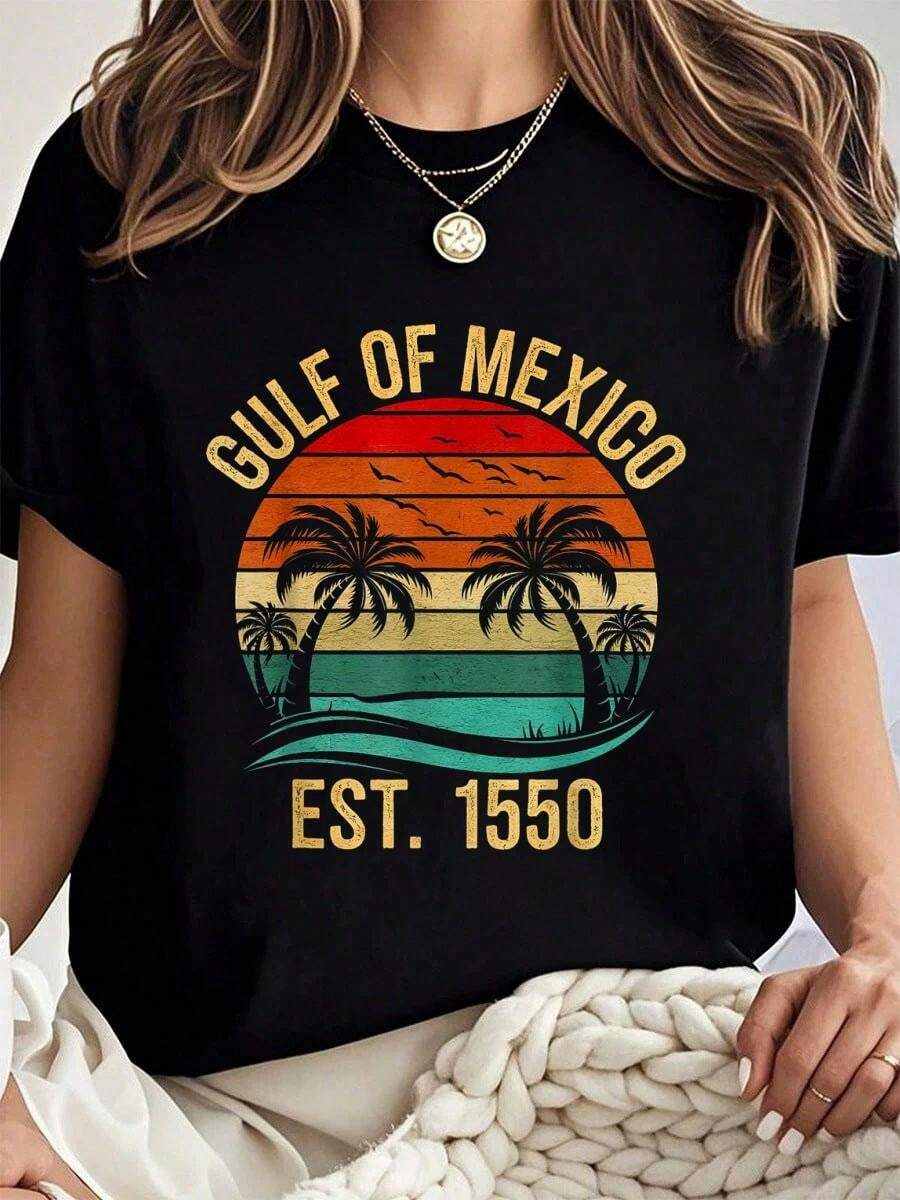 100% Algodón Camisa del Golfo de México para Mujeres Est 1550 Retro Vintage Camiseta de Playa tops de verano para mujeres - Negro - Ver 1