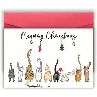 1/2/5/10pcs Meowy Christmas Greeting Cards- Holiday Cat Theme, Funny Seasonal Stationery Set For Cat Lovers, Festive Cute Kitten Illustrations, Premium Card Stock, Ideal For Friends& Family, Holiday Cards,Suitable For Men, Women, Friends And Family