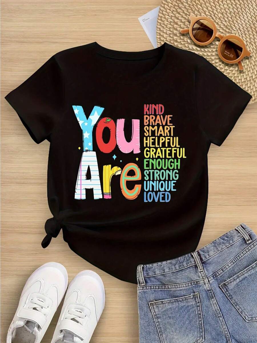 Camiseta de mujer estampada con diseño de texto de energía positiva, camiseta suelta de cuello redondo y manga corta, cómoda y agradable para la piel, 100% algodón, adecuada para el hogar, viajes, viajes de negocios, escuela, desplazamientos, fiestas y otras ocasiones, adecuada para todas las estaciones. - Negro - Ver 1