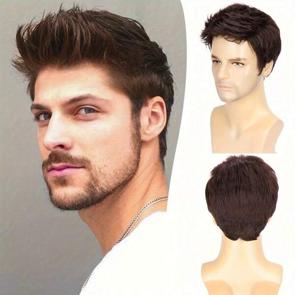 Men Basic Brown Straight Hair Wig, High Temperature Fiber, Rose Net Cap, 130% Density, One Size Fits All