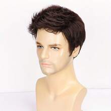 Men Basic Brown Straight Hair Wig, High Temperature Fiber, Rose Net Cap, 130% Density, One Size Fits All