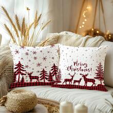 2pcs Christmas Red Plaid Reindeer & Christmas Tree Print Cushion Cover, Soft Peach Velvet Fabric, 45*45/50*50/40*40CM Pillow Case For Indoor Decor, Party, Gift