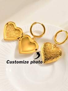 2pcs Personalized Laser Engraved Stainless Steel Heart-Shaped Photo Frame Earrings For Women, Friendship, Sisters, Thanksgiving, Christmas Gift
