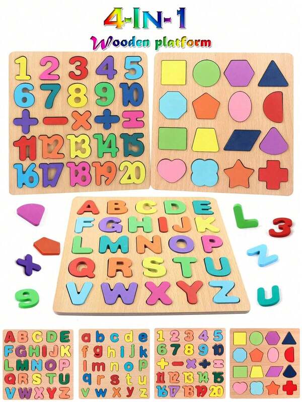 Wooden Puzzles For Toddlers, 4 Packs Alphabet Shape Puzzles For Kids 4 Wooden Montessori Toddler Puzzles ,Wooden ABC Alphabet Number Shape Puzzles Learning Puzzle Toys,Wooden Alphabet Number Shape Puzzles For Kids 3 Years Old Boys & Girls (Letter And Number Blocks With Random Colors)