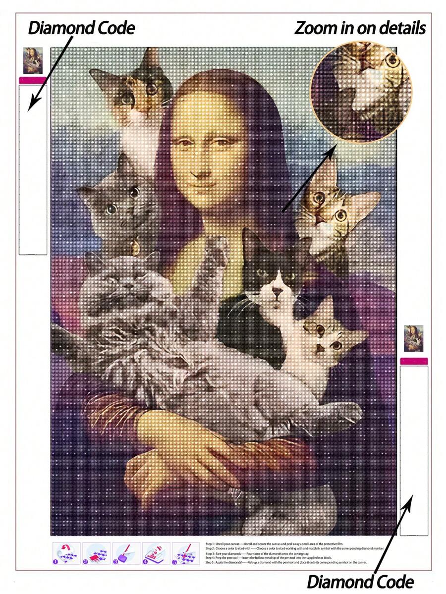 5D DIY Diamond Painting | Modern Mona Lisa Wall Art Diamond Painting, Suitable For Adults, Cute Cats And Mona Lisa Cross-Generational Art Elements Handmade Decorative Painting. High-Definition DIY Mosaic Kit, Diamond Painting To Relax The Mind And Body, Cultivate DIY Skills And Focus, Best DIY Holiday Gift. - Multicolor - View 1