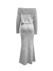 Women's Off-Shoulder Sweater, Solid Color Ribbed Pullover Dress Two Pieces Set, Casual Wear For Autumn/Winter