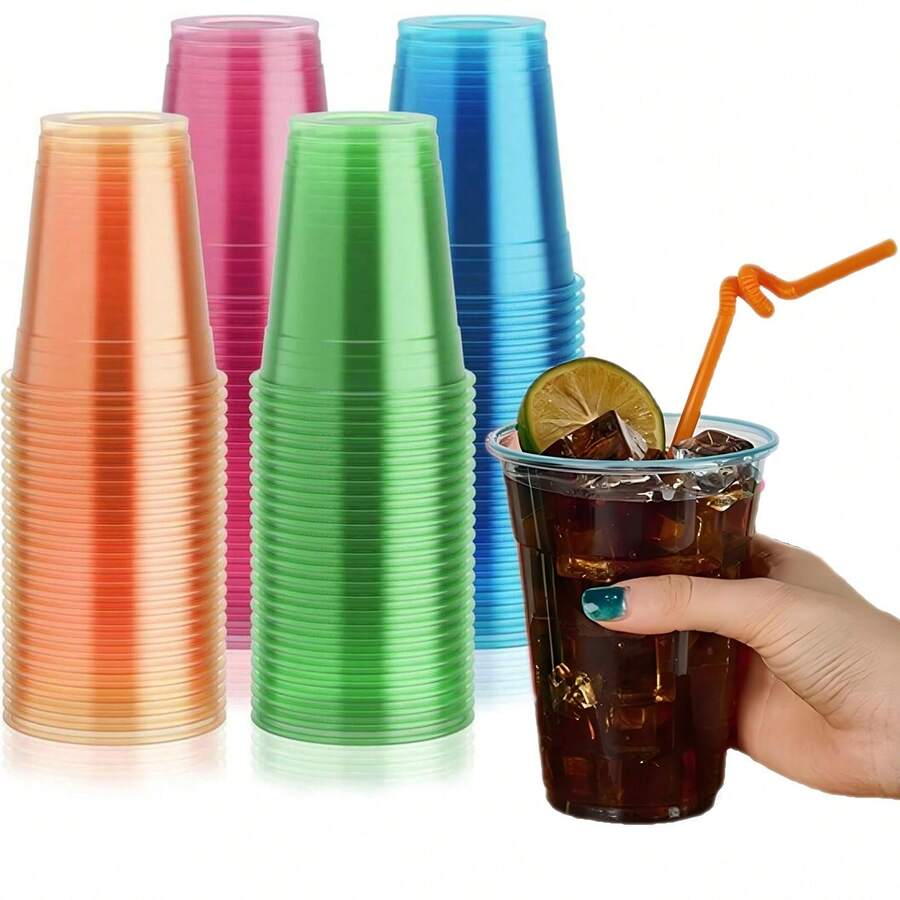 100pc 16oz Plastic Party Cup, Neon Light-Emitting Transparent Cup, Various Neon Colors, Suitable For Parties, Carnivals And Any Event, Cold And Hot Drink Container, Suitable For Milk, Juice, Beer, Cola, Milkshakes, Ice Cream - Nhiều màu - Xem 1