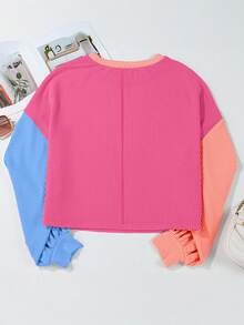 Acelitt Camiseta holgada de cuello redondo con textura y contraste de colores para mujer de talla grande, adecuada para primavera y otoño - Multicolor - Ver 5