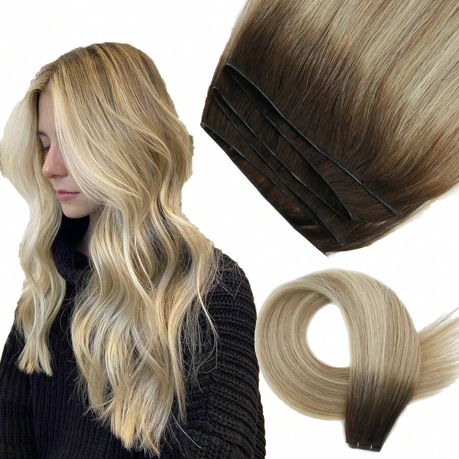 Genius Weft Hair Extensions Human Hair Sew In Hair Extensions Real Human Hair Weft Extensions Hand Tied Virgin Hair 50G - R3-8-613 - 查看 1