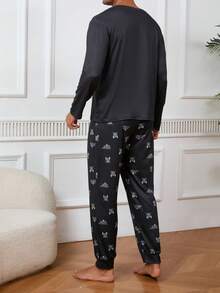 Herren Hausanzug, Rundhals Langarmoberteil & lange Hose, zufälliges Muster, lässiger Pyjama-Set, Herbst-Winter-Kleidung