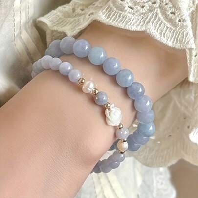 2pcs Set Of Stacked Sea Blue Camellia Beaded Bracelets, Gifts For Women, Girlfriends, Students, Holiday & Summer. Prosperity & Good Luck Sea Blue Camellia Beaded Bracelet Set, Handmade Beaded Bracelet, Suitable For Stacking And Accessory Matching. Fashionable Women's Bracelet, Gifts For Valentine's Day, Mother's Day, Birthday