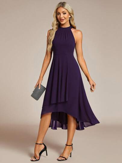 Elegant Ruffle Backless High-Low Hem Chiffon Deep Purple Bridesmaid Dress, Wedding Guest Dress, Mid-Length Gown, Suitable For Weddings, Holiday Parties, Formal Dinners, And Other Occasions