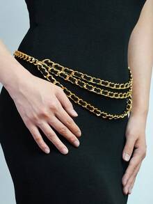 1pc Handmade PU Wrapped Metal Waist Belt For Women, Fashionable & Versatile Triple Layer Metal Waist Belt - Multicolor - View 2