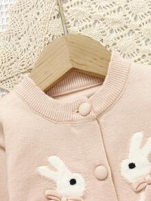 2pcs Baby Girls Cute Rabbit Bow Pattern Pink Long Sleeve Knitted Cardigan And Pink Knitted Pants Set, Comfortable And Warm, Suitable For Daily, Vacation, School, Spring, Autumn, Winter
