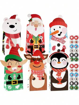 12pcs Christmas Gift Bags With Stickers, Cartoon Santa Claus & Snowman & Elk Pattern Paper Candy Packinging Bags, For Xmas, Wedding, Birthdays, Gift Wrapping & Party Favors Decorations