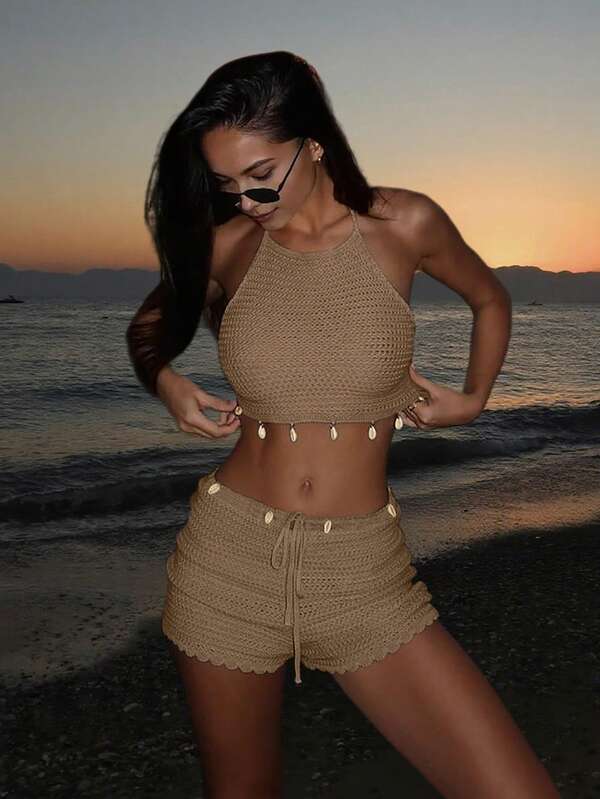 2 件贝壳设计露背系带短款上衣和短裤套装，百搭又显瘦