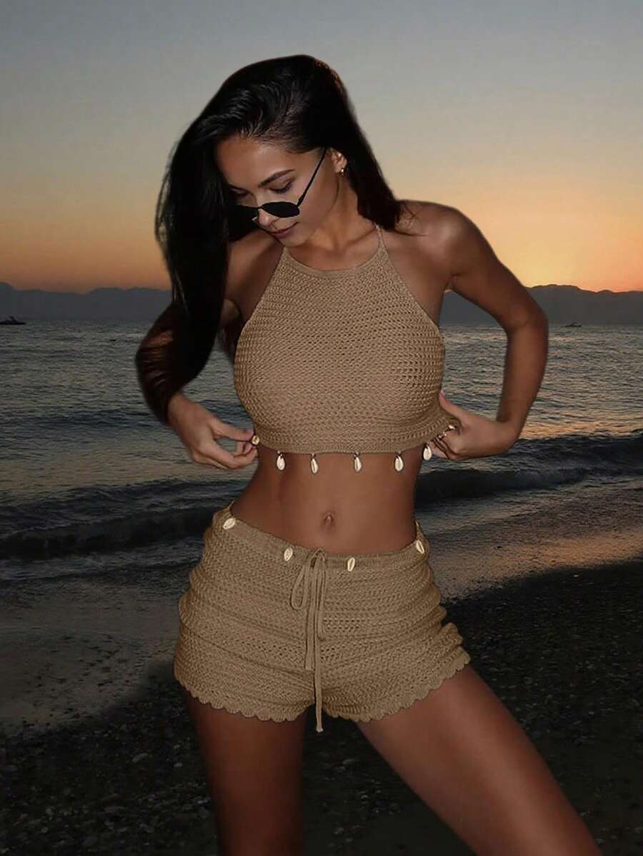 2 件贝壳设计露背系带短款上衣和短裤套装，百搭又显瘦